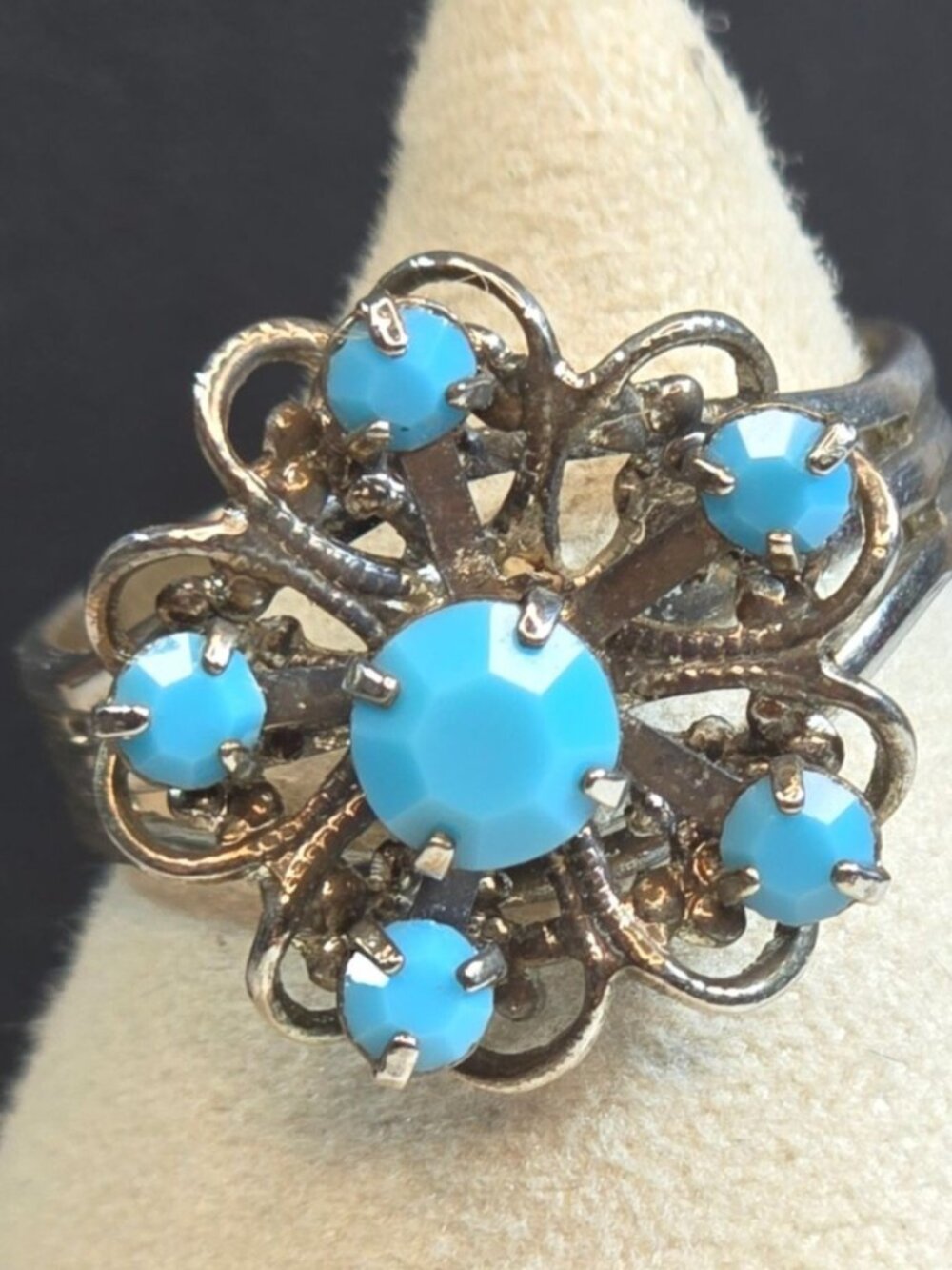 Vintage Filigree Floral Ring Glass Stones Silver-Tone Adjustable Turquoise color
